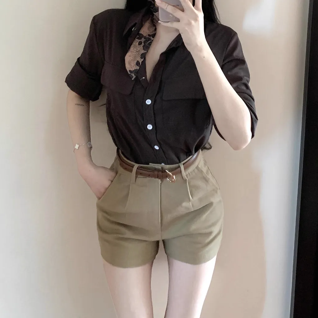 Button-Up Shirt Wide Leg Shorts Silk Scarf Belt Set