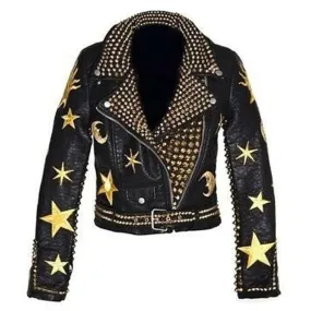 Buy Mens Fashion Biker Zipper Golden Studded Leather Jacket For Sale