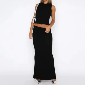 Casual Basic Skinny Summer Two Pieces Set Women Crop Top Long Skirt Streetwear Holidays Solid Matching Suits Outfits