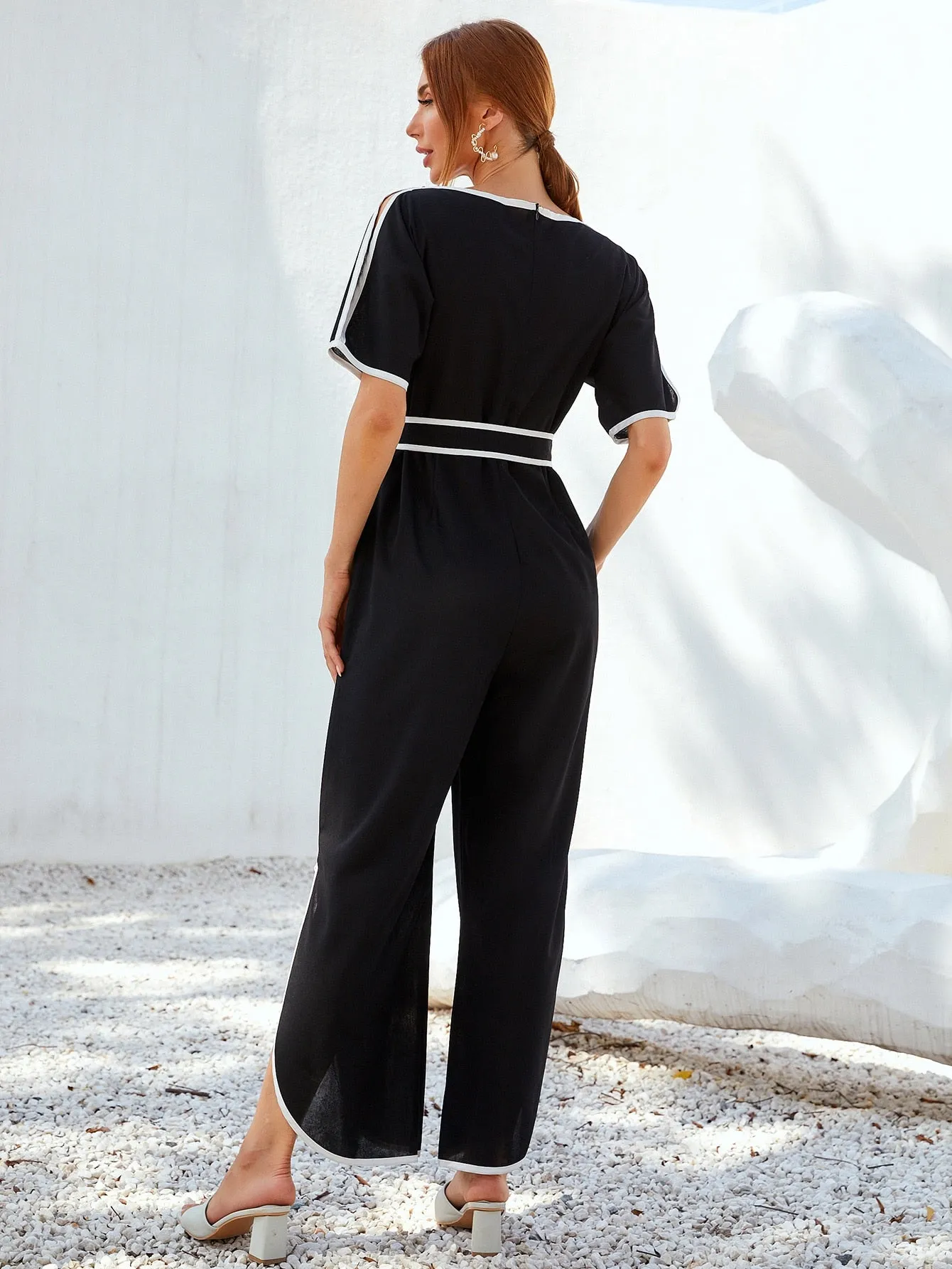 Casual Contrast Binding Short Sleeve Boat Neck High Waist Long Women Jumpsuit