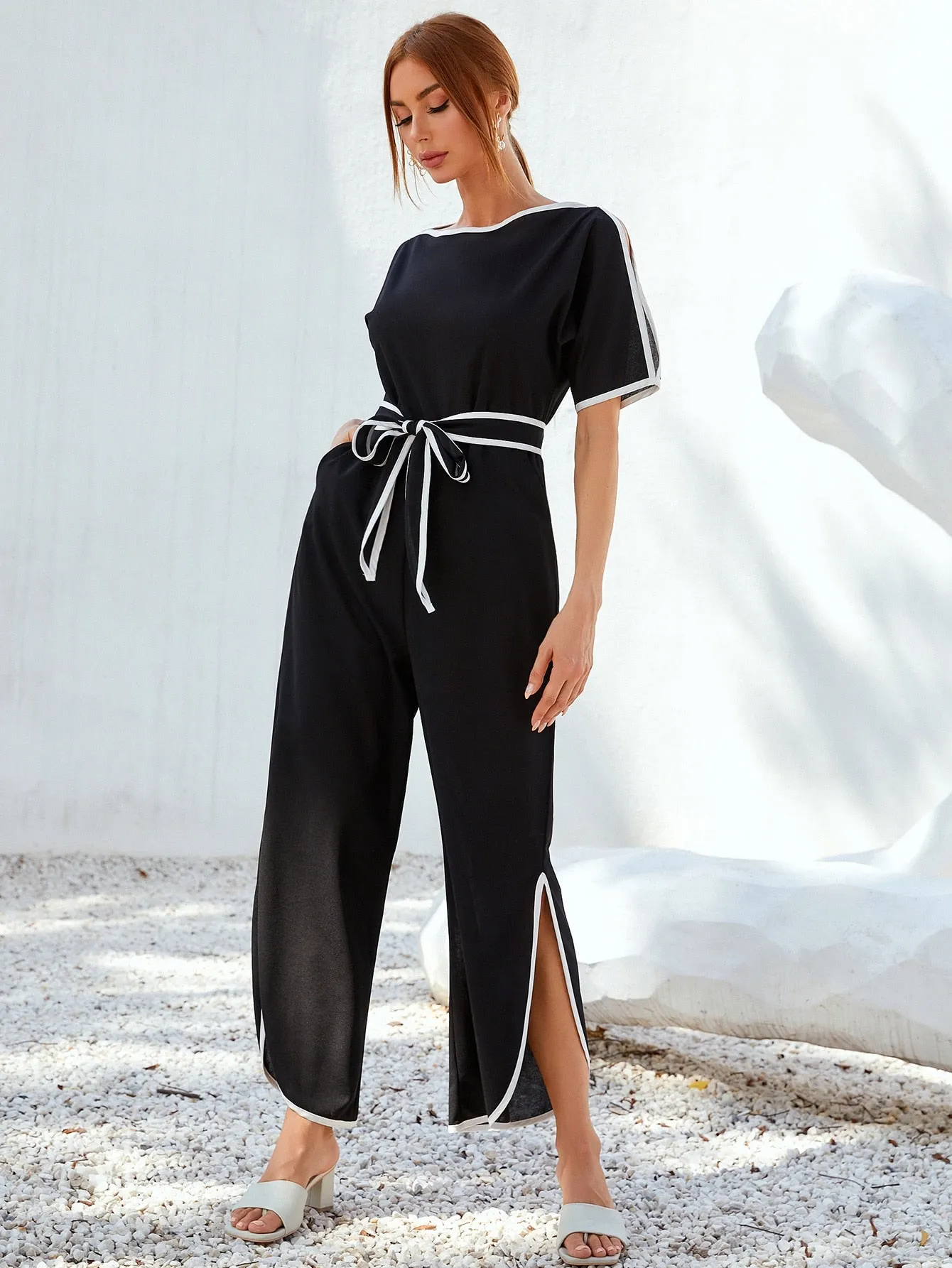 Casual Contrast Binding Short Sleeve Boat Neck High Waist Long Women Jumpsuit