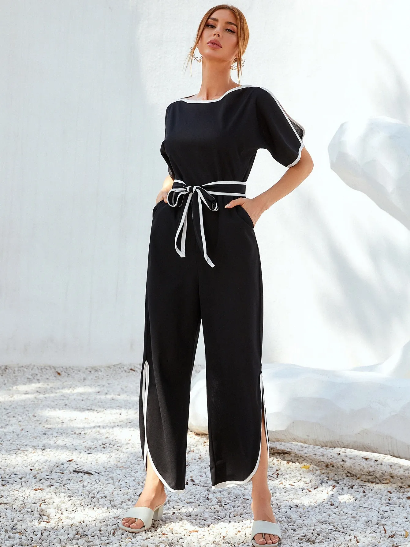 Casual Contrast Binding Short Sleeve Boat Neck High Waist Long Women Jumpsuit