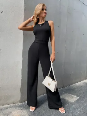 Casual Plain Zipper Sleeveless Round Neck Natural Long Women Jumpsuit