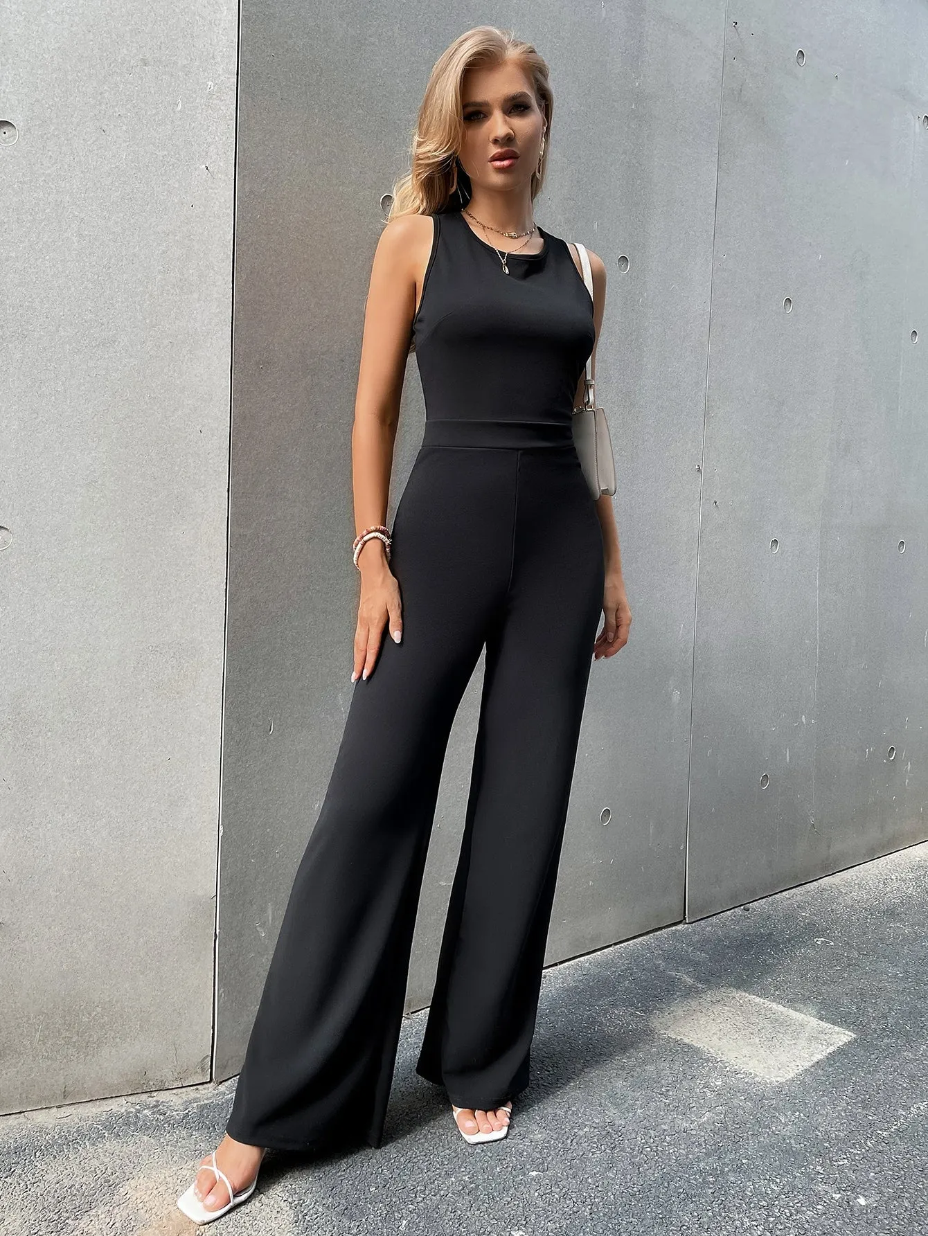 Casual Plain Zipper Sleeveless Round Neck Natural Long Women Jumpsuit