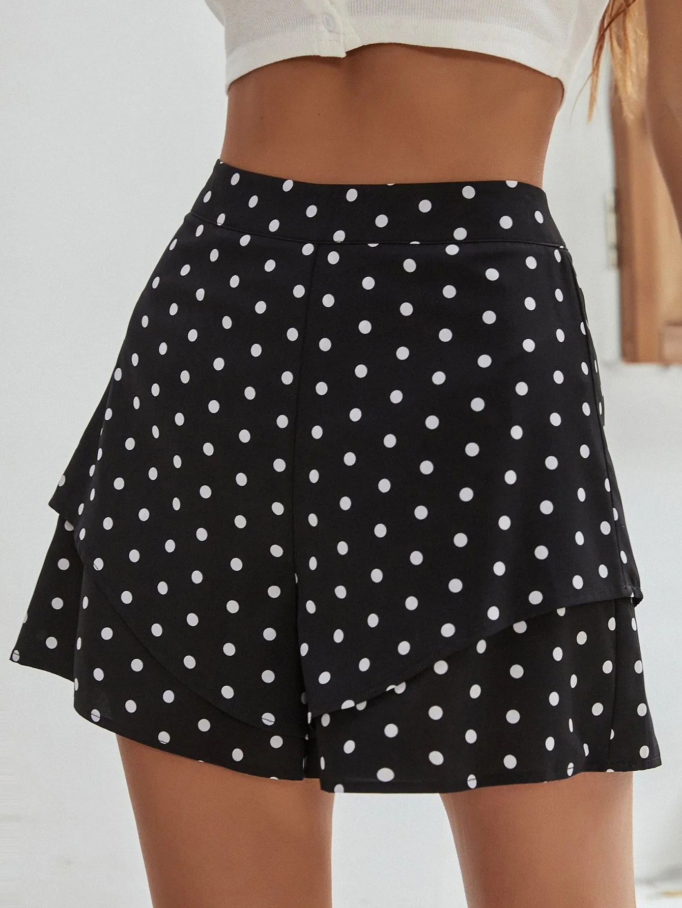 Casual Polka Dot Tiered Layer High Waist Women Shorts