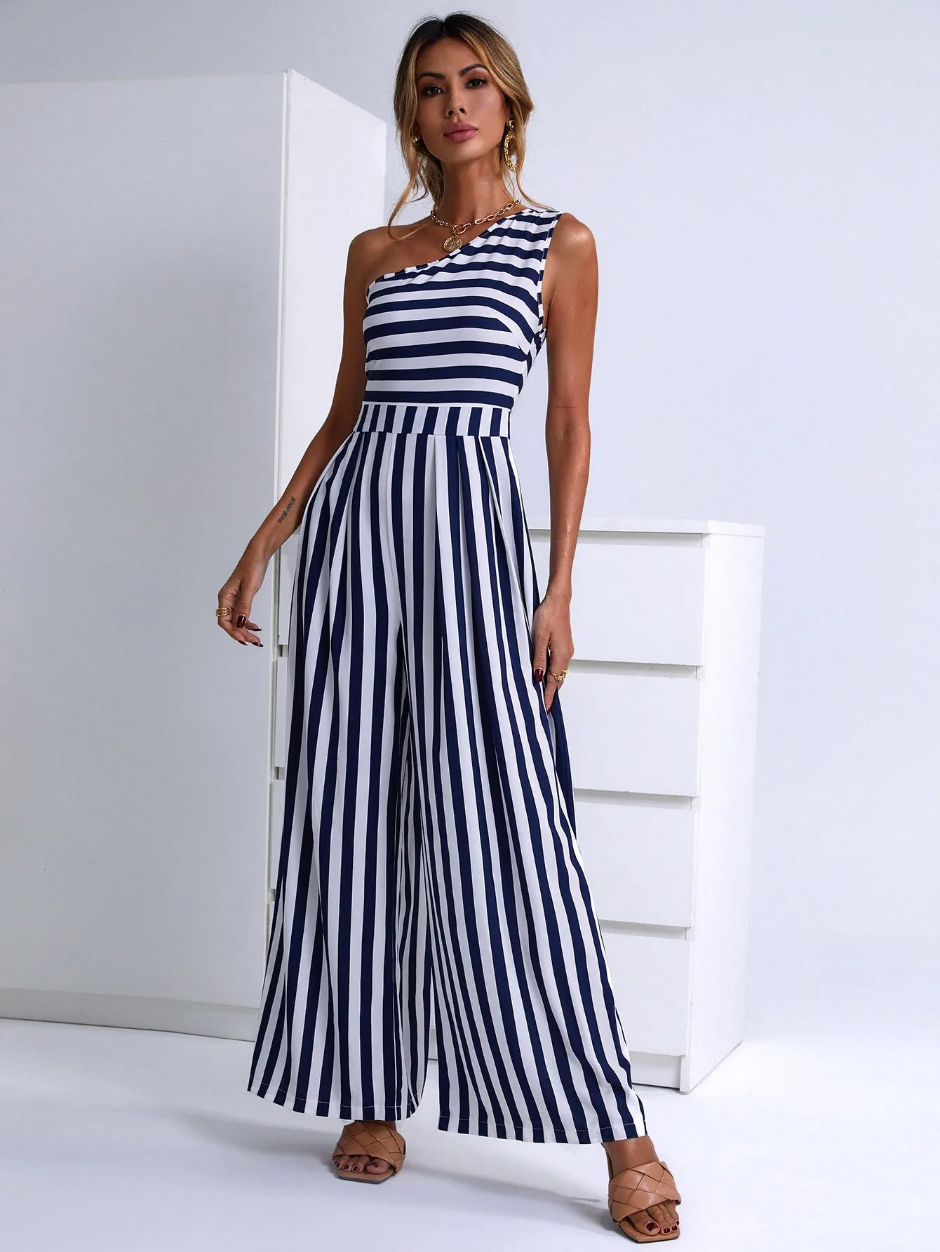 Casual Striped Sleeveless One Shoulder High Waist Long Women Jumpsuit