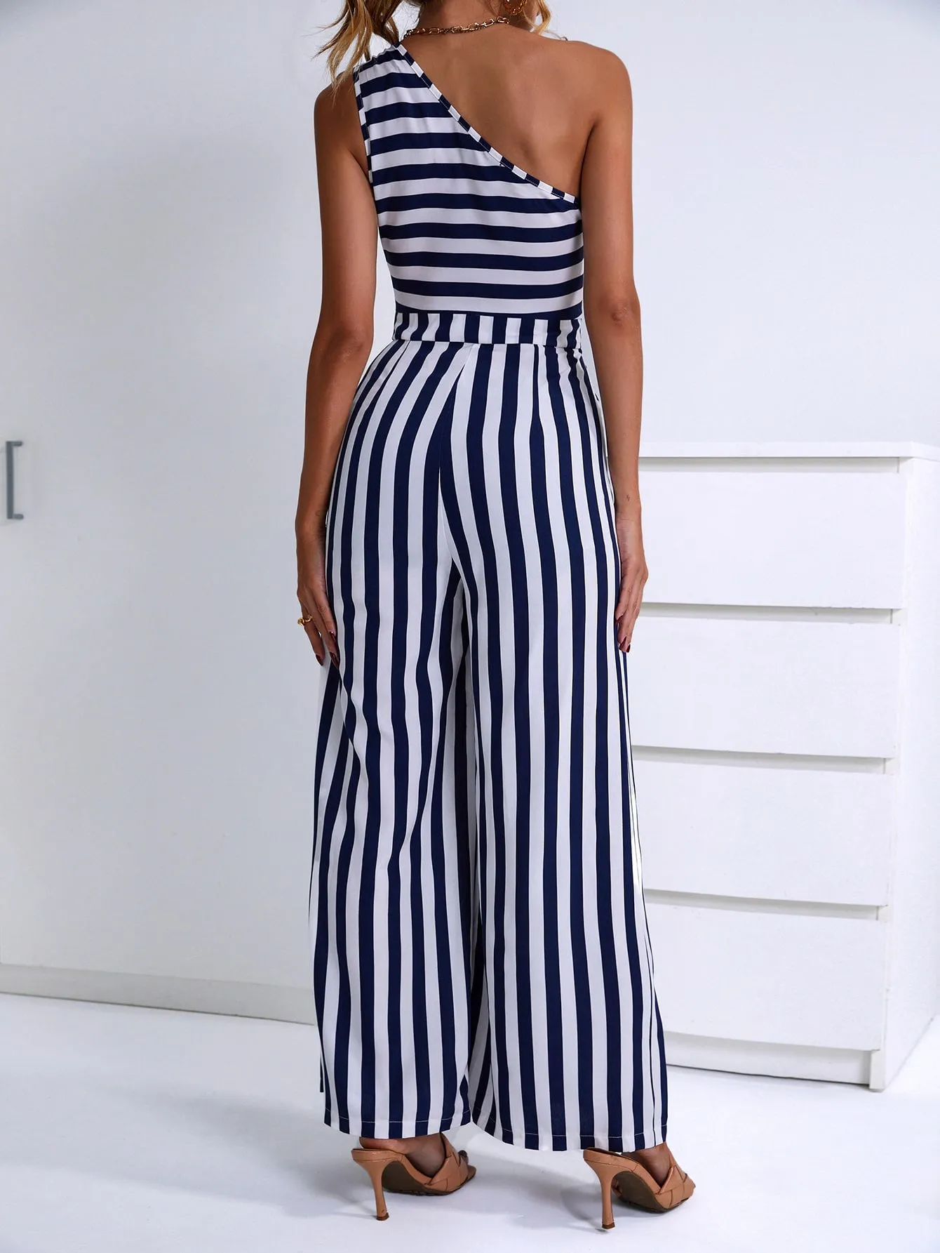 Casual Striped Sleeveless One Shoulder High Waist Long Women Jumpsuit