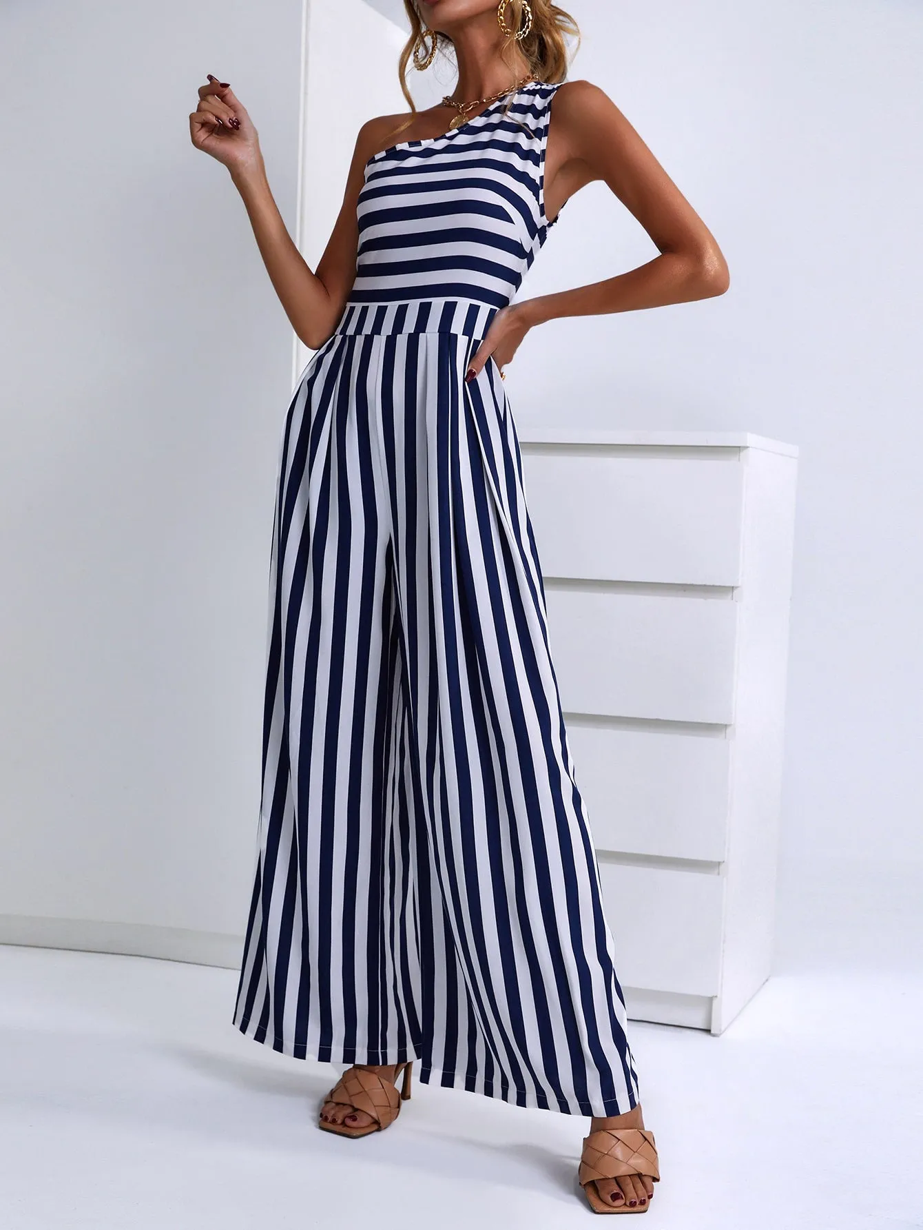 Casual Striped Sleeveless One Shoulder High Waist Long Women Jumpsuit