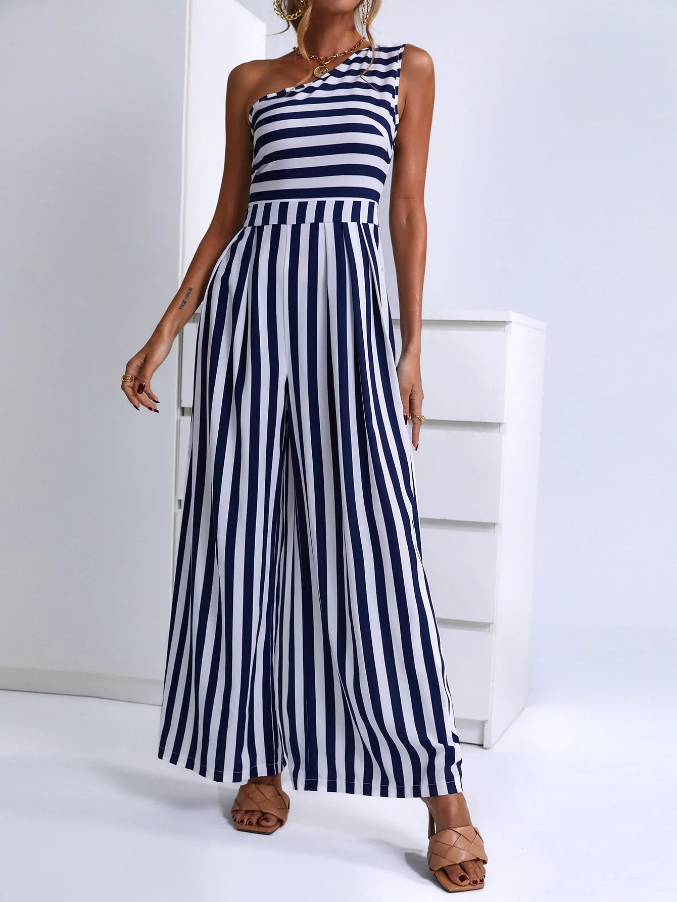 Casual Striped Sleeveless One Shoulder High Waist Long Women Jumpsuit