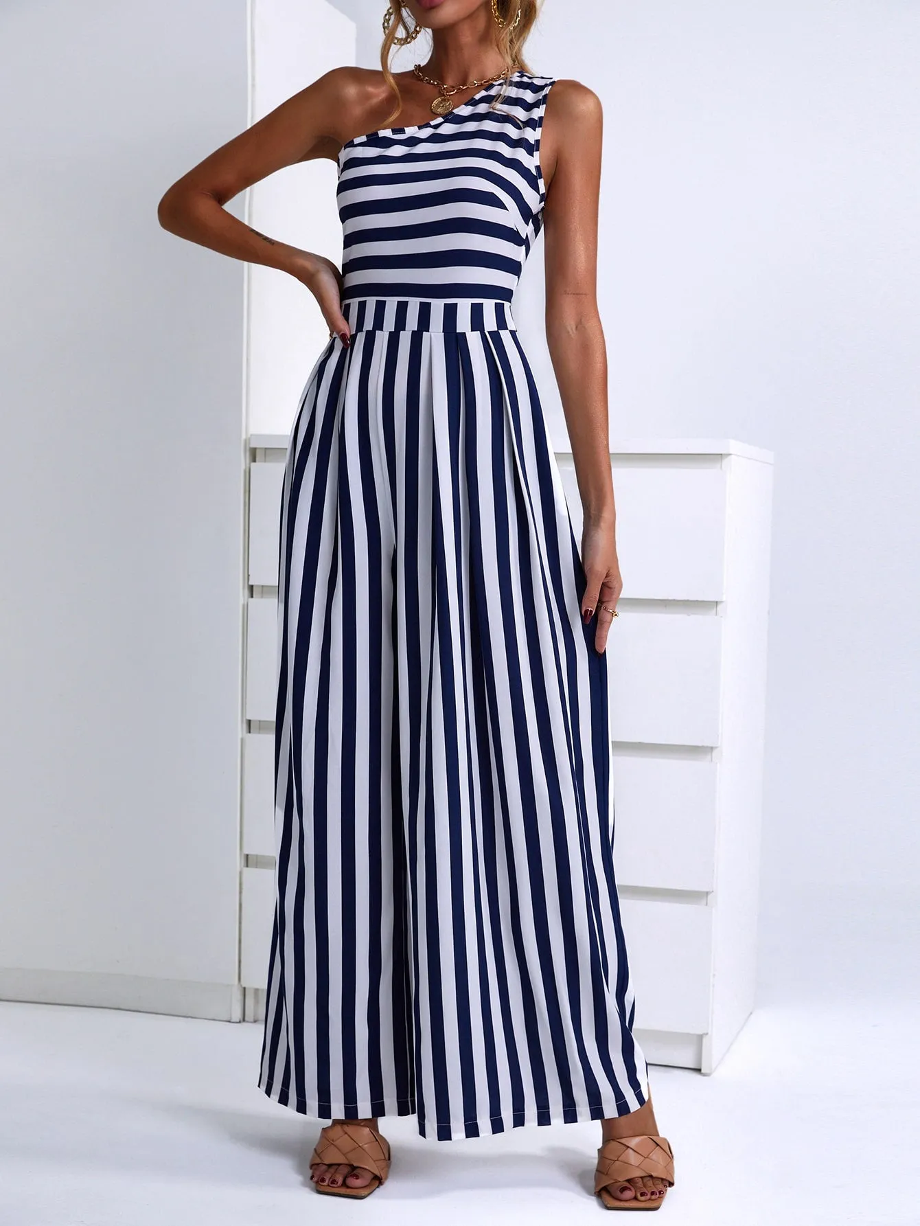 Casual Striped Sleeveless One Shoulder High Waist Long Women Jumpsuit