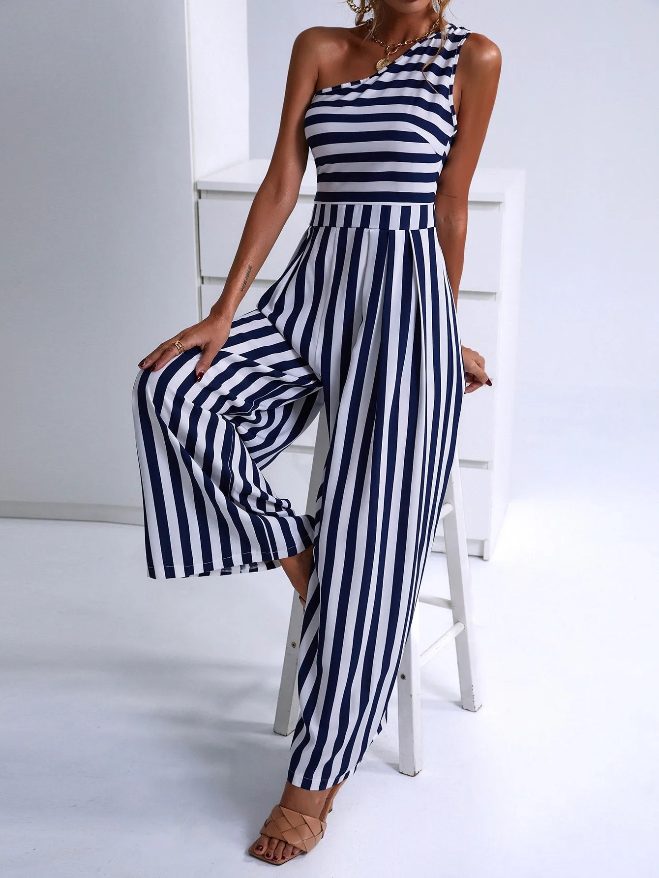 Casual Striped Sleeveless One Shoulder High Waist Long Women Jumpsuit