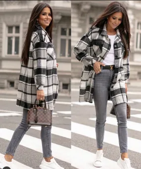 Checked wool blend Shacket grey,  black, white