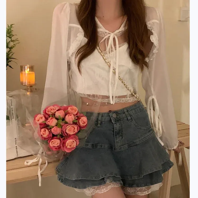 Chiffon Cardigan Lace Cami Top Undershorts High Waist Ruffle Denim Mini Skirt