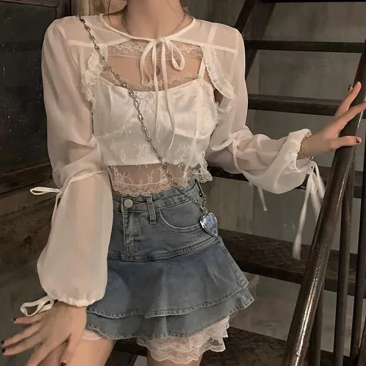 Chiffon Cardigan Lace Cami Top Undershorts High Waist Ruffle Denim Mini Skirt