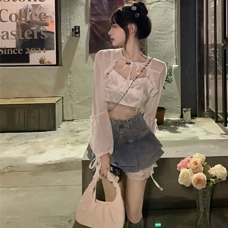 Chiffon Cardigan Lace Cami Top Undershorts High Waist Ruffle Denim Mini Skirt