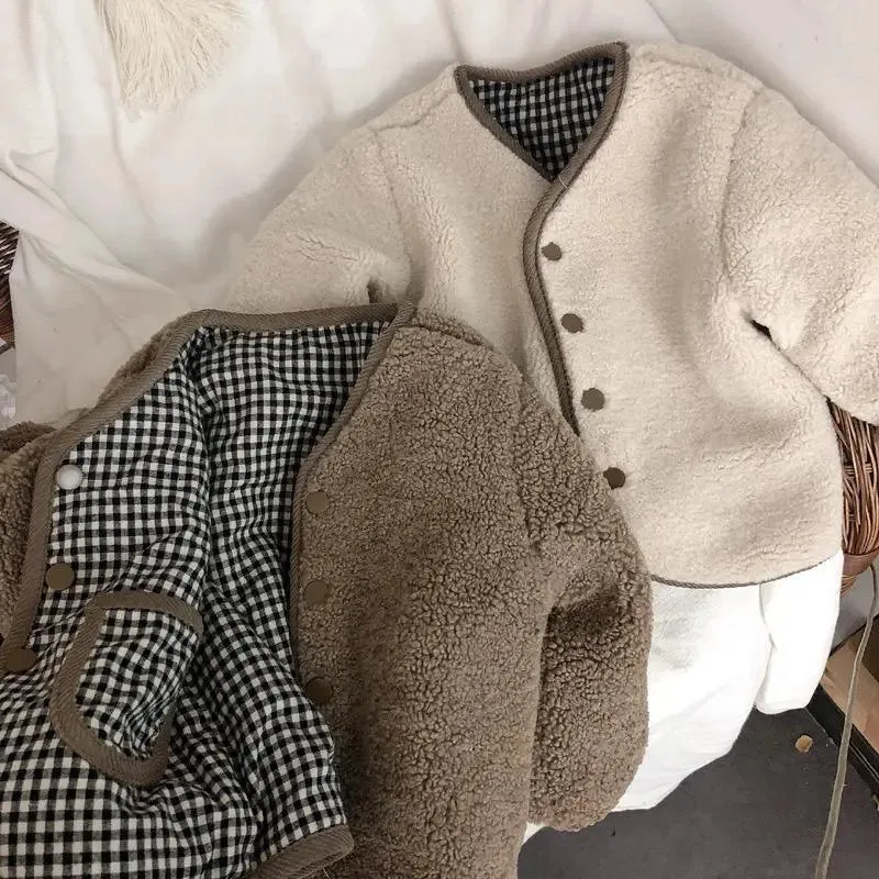 Children's Plaid Plush Coat Autumn and Winter New Warm Coat Children on Both Sides Wear Coat Boy's and Girls' Clothing