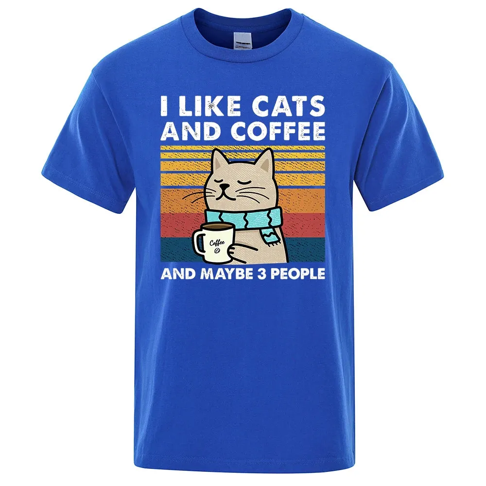 Christian T-Shirt, Animal T-Shirt I Like Cats And Coffee Street Funny T-Shirt For Men Fashion Casual Loose Cotton Clothing Crewneck Breathable Tshirt Hip Hop Tees, Cat T-Shirt, CAB05022324.