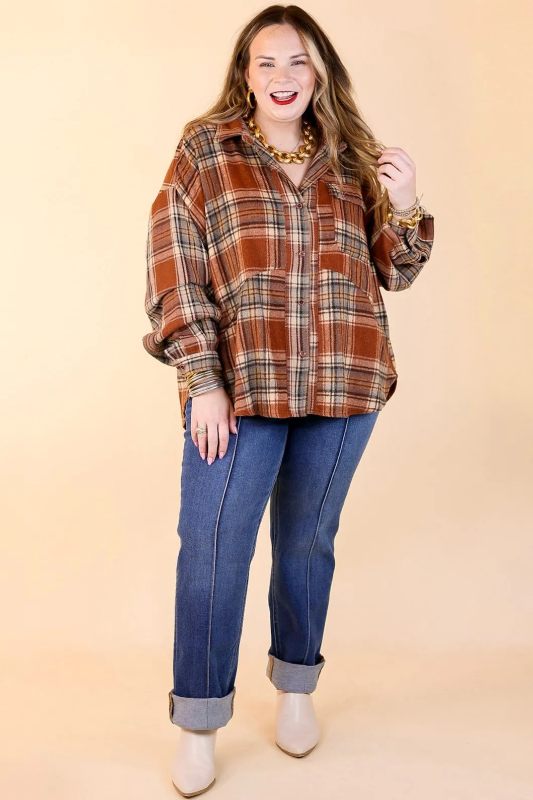 Coffee At Sunrise Button Up Plaid Shacket with Long Sleeves in Rust Brown