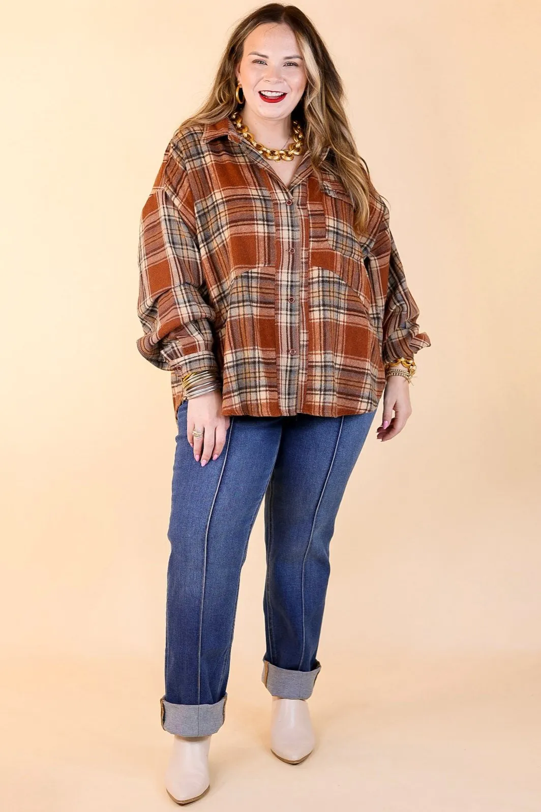 Coffee At Sunrise Button Up Plaid Shacket with Long Sleeves in Rust Brown