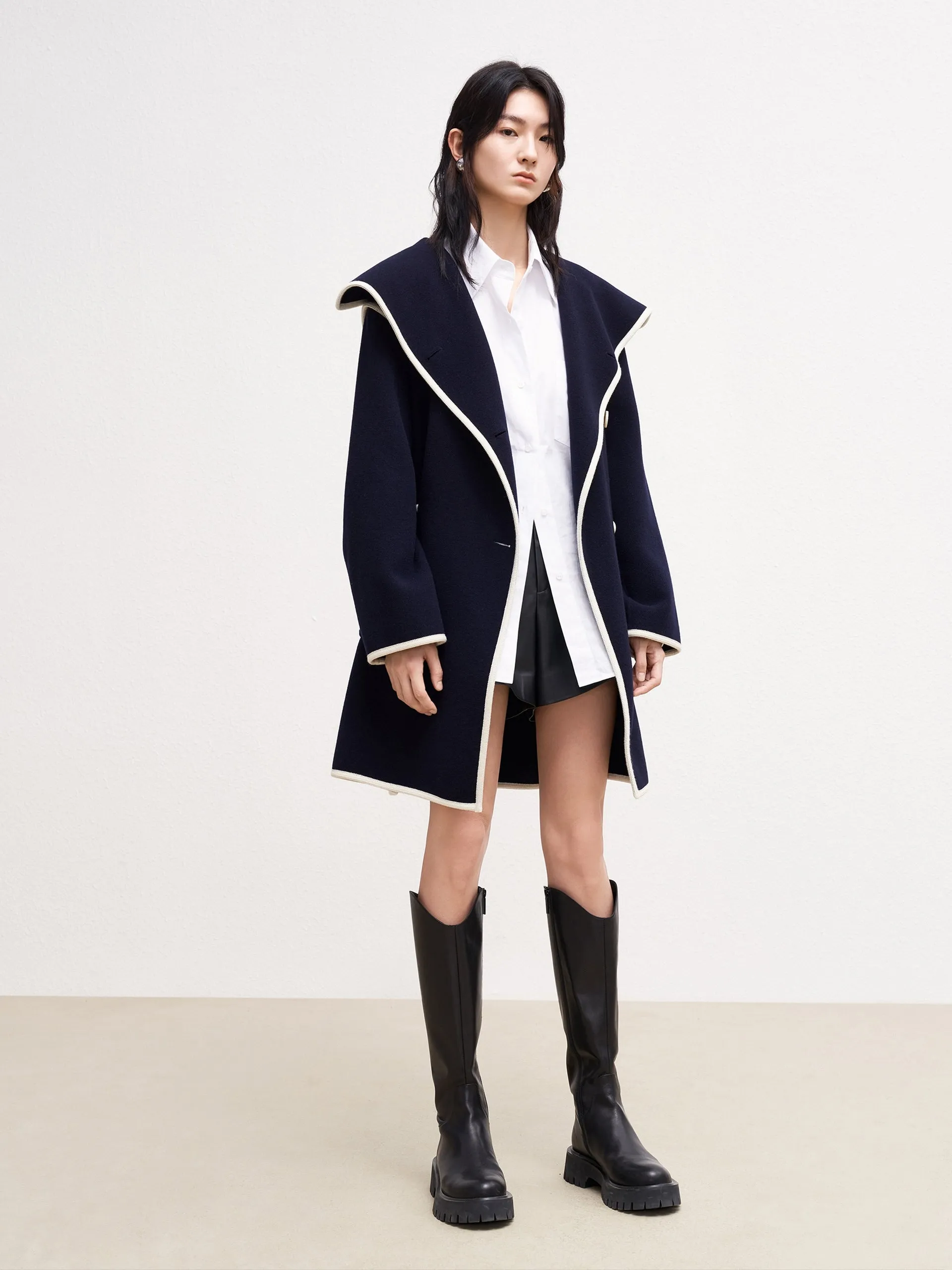 Contrast Lapel Collar Wool Coat