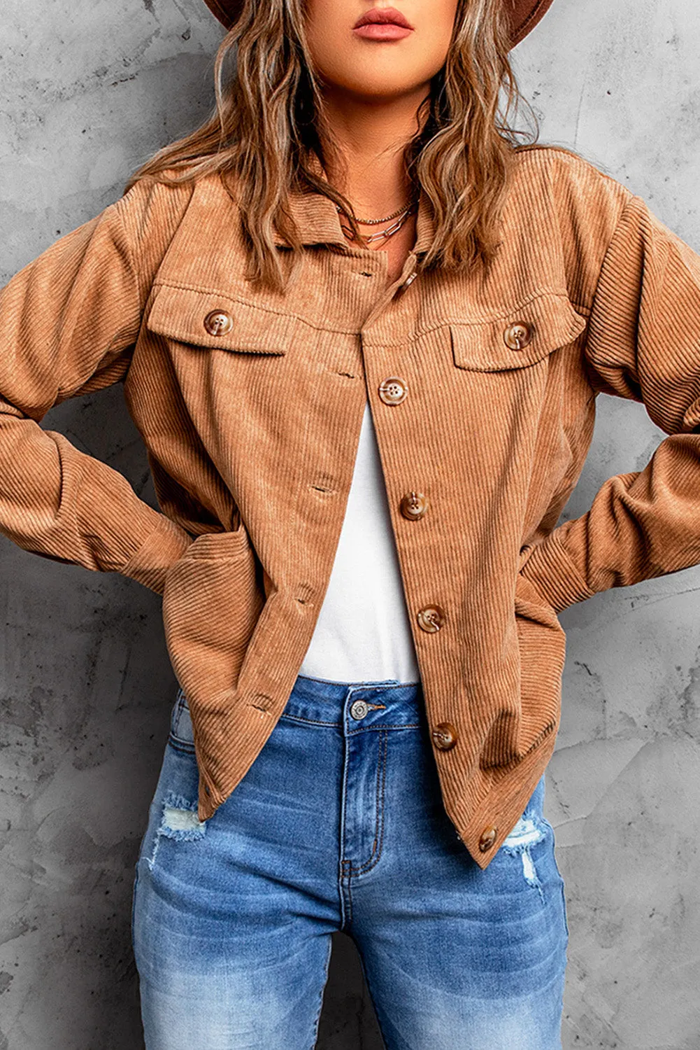 Corduroy Long Sleeve Buttoned Jacket