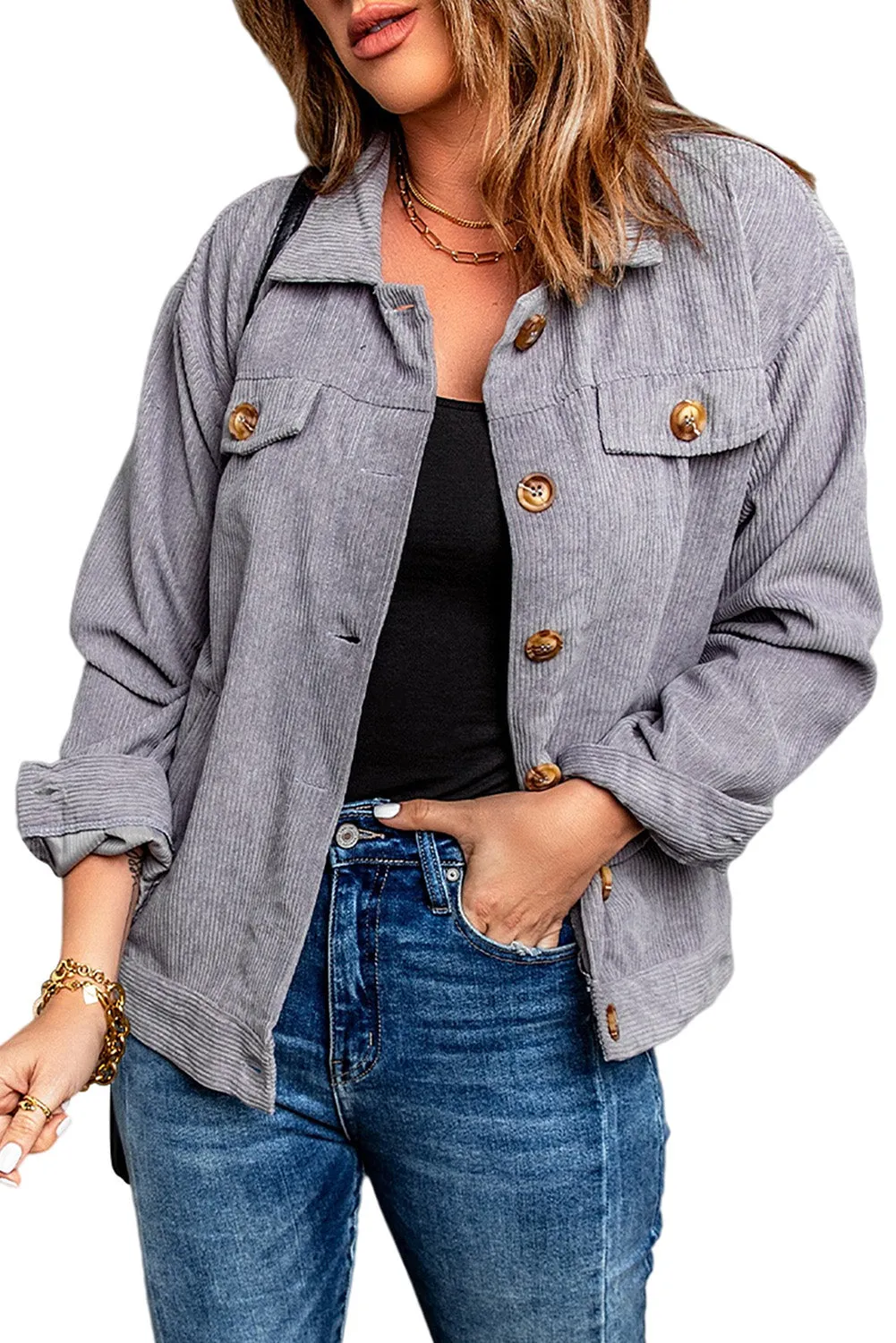 Corduroy Long Sleeve Buttoned Jacket