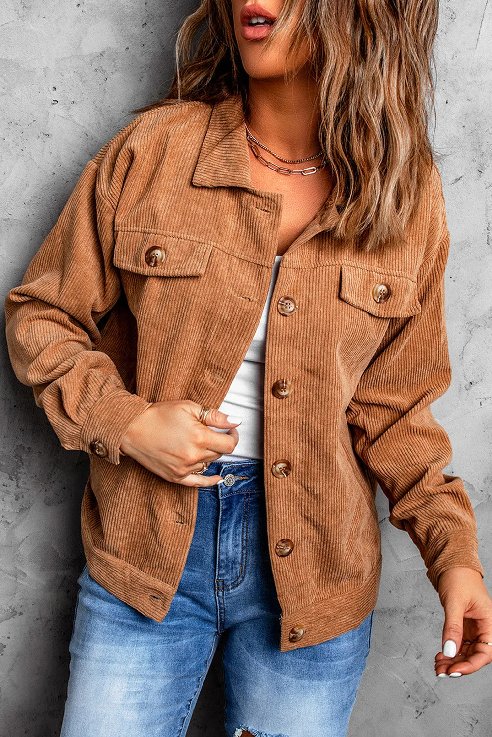 Corduroy Long Sleeve Buttoned Jacket