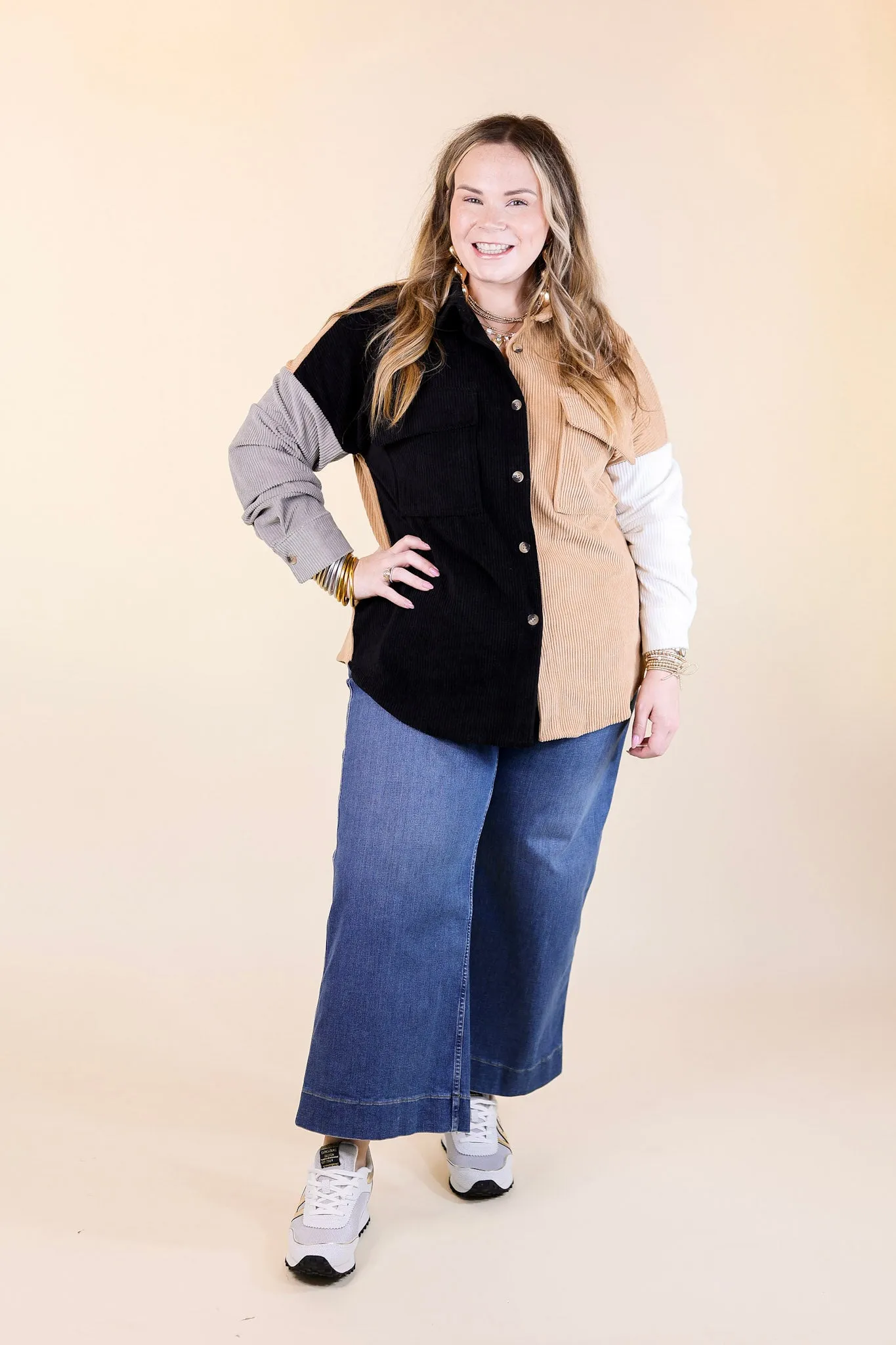 Cozy Perk Button Up Color Block Corduroy Shacket in Black and Tan