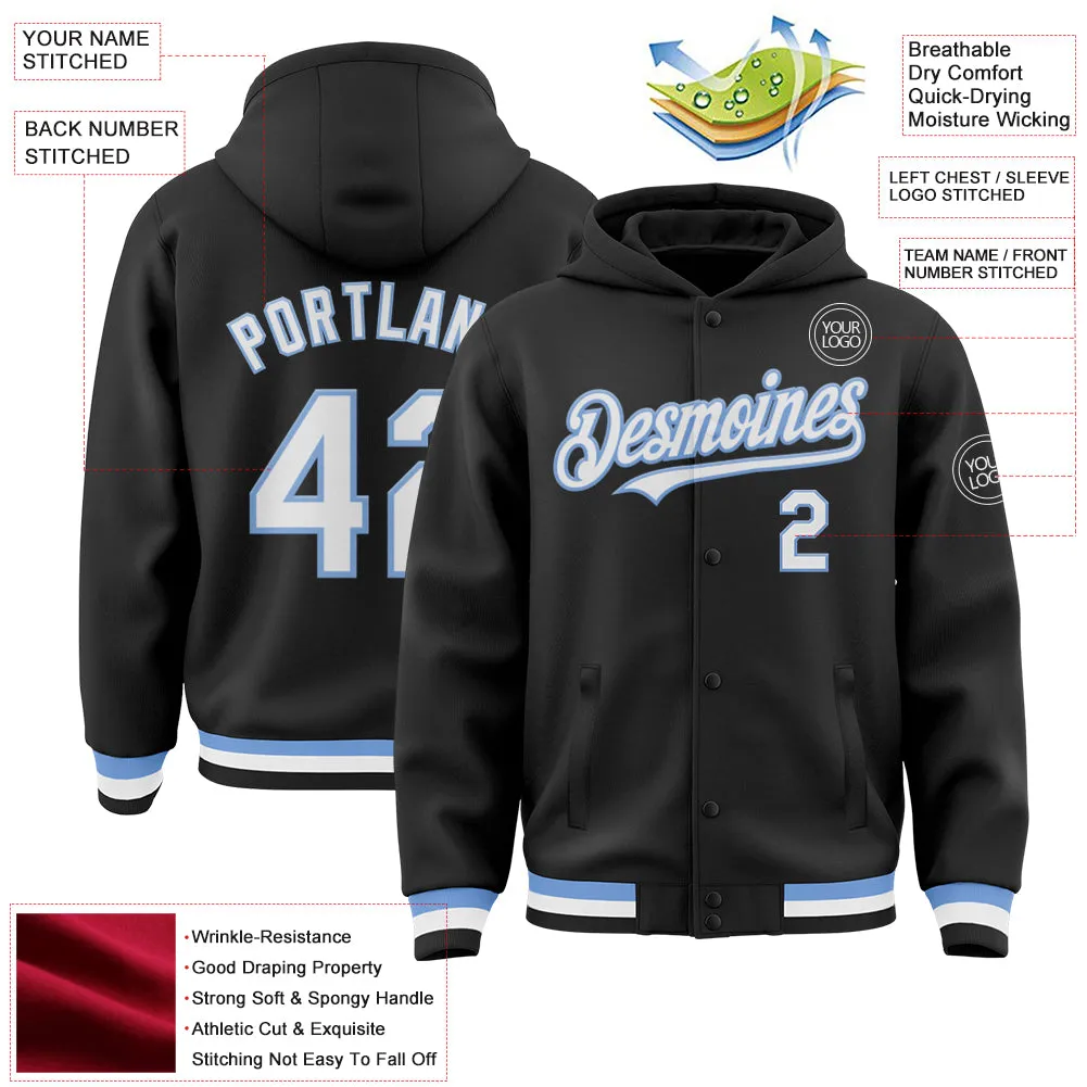 Custom Black White-Light Blue Bomber Full-Snap Varsity Letterman Hoodie Jacket