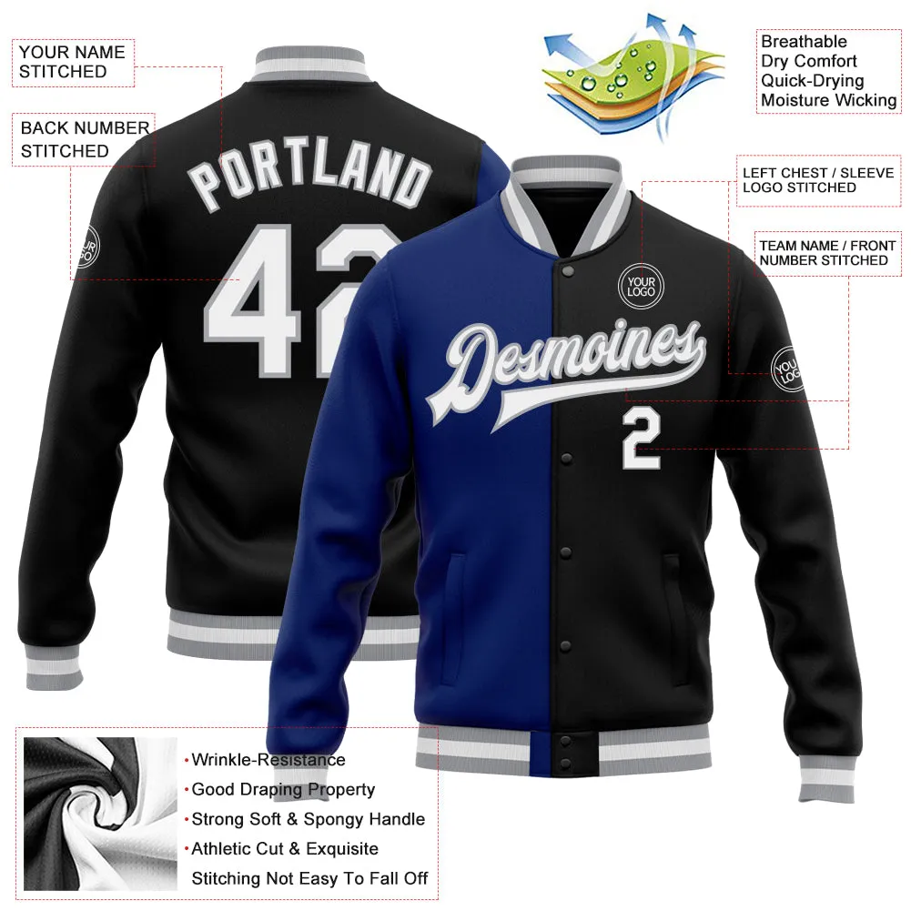 Custom Black White Royal-Gray Bomber Full-Snap Varsity Letterman Split Fashion Jacket