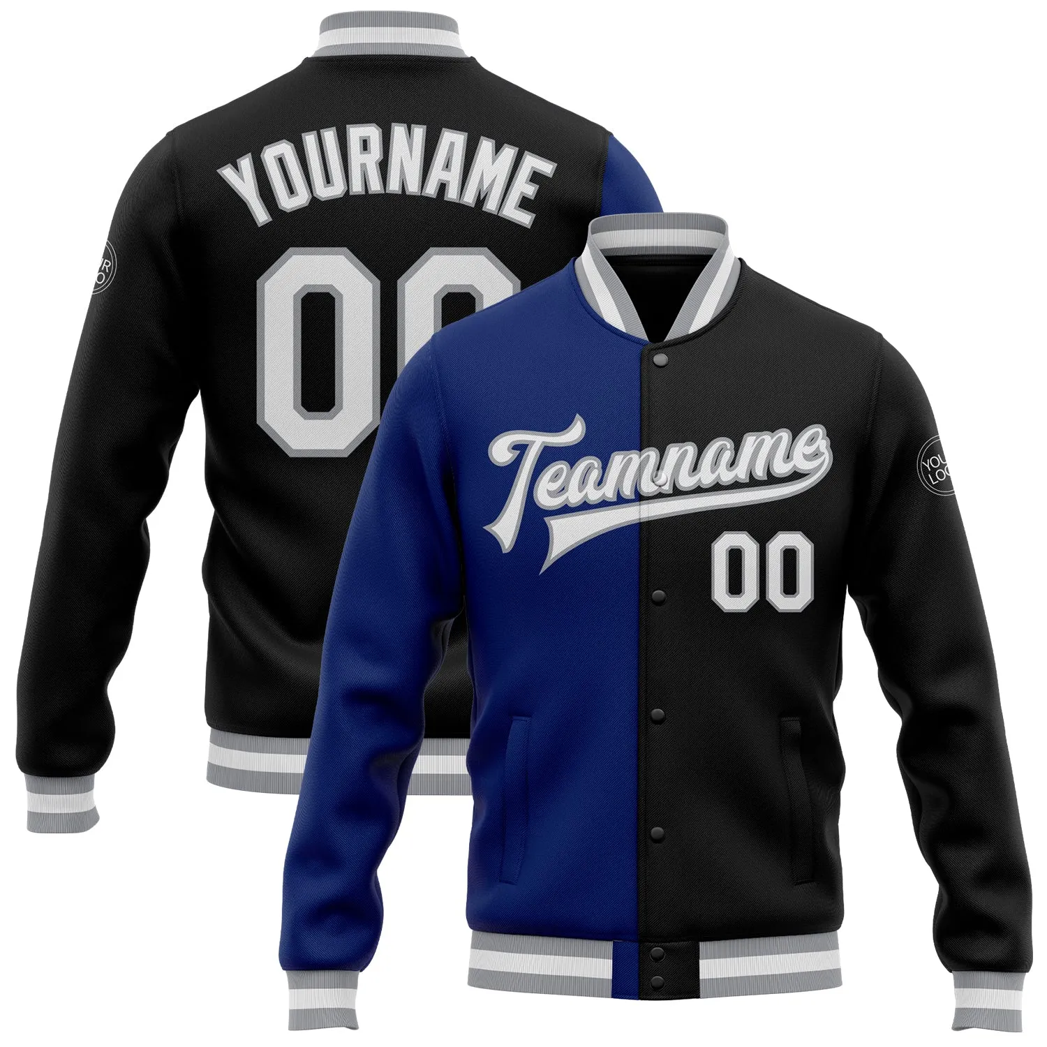 Custom Black White Royal-Gray Bomber Full-Snap Varsity Letterman Split Fashion Jacket