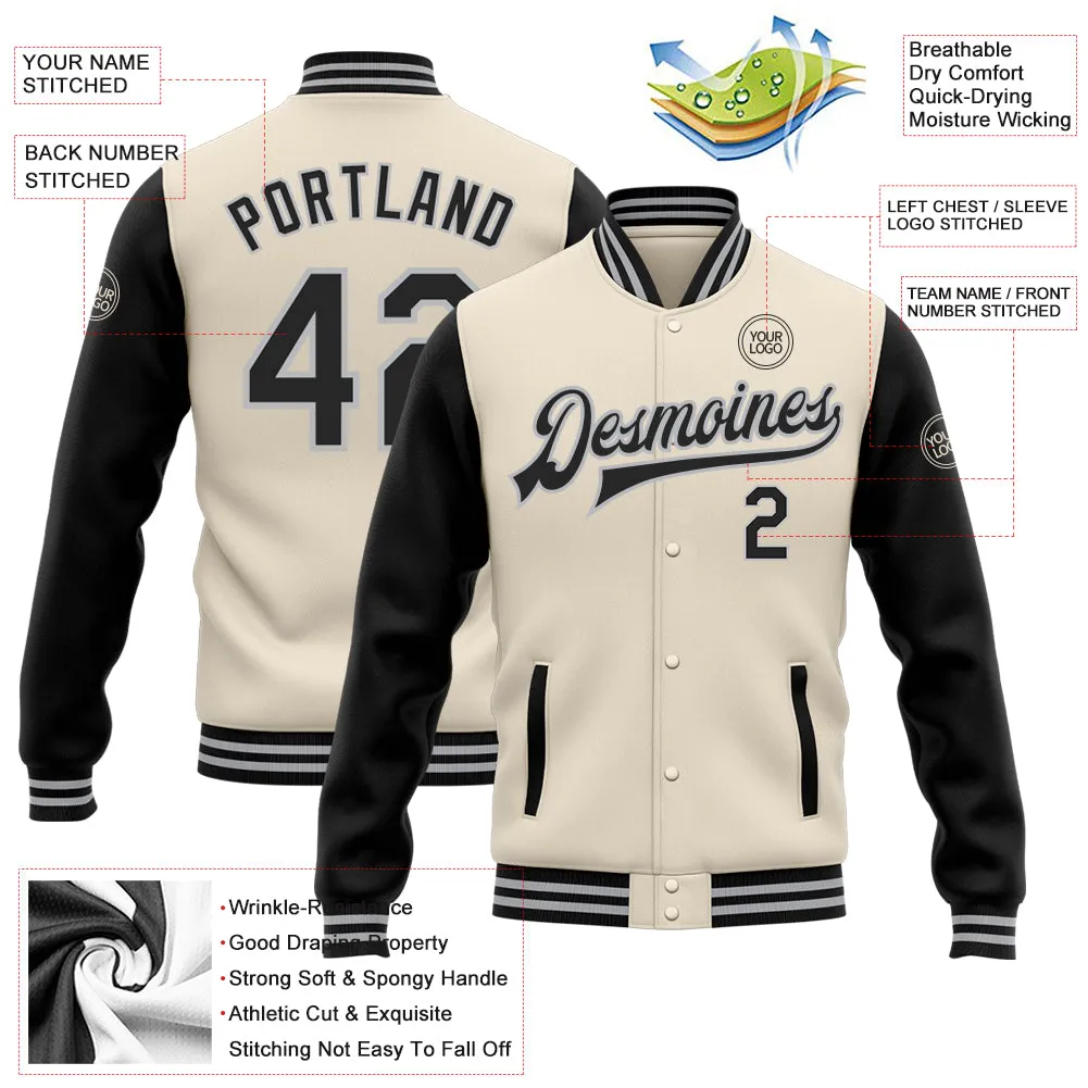 Custom Cream Black-Gray Bomber Full-Snap Varsity Letterman Two Tone Jacket