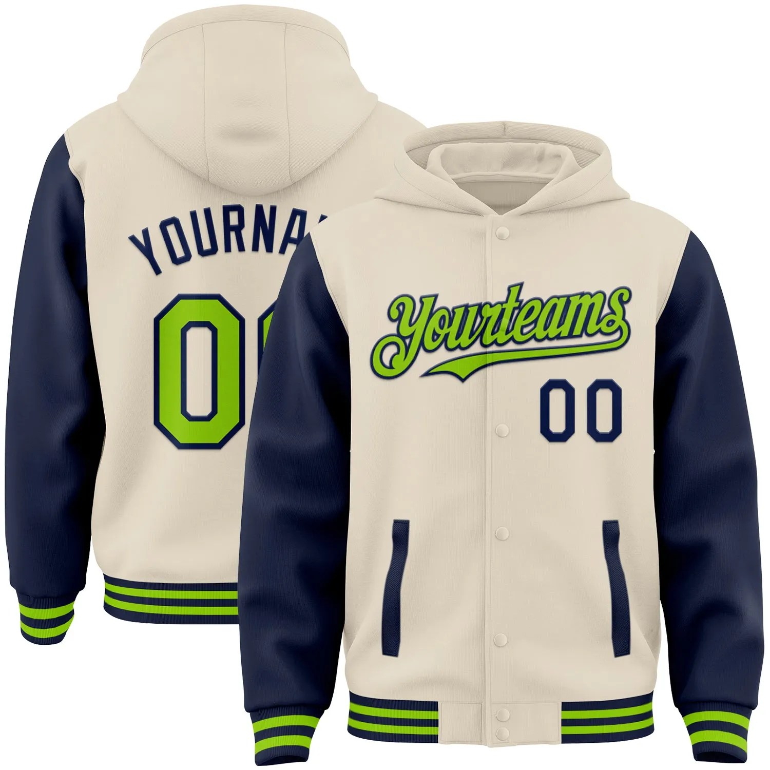 Custom Cream Neon Green-Navy Bomber Full-Snap Varsity Letterman Two Tone Hoodie Jacket