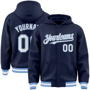 Custom Navy White-Light Blue Bomber Full-Snap Varsity Letterman Hoodie Jacket