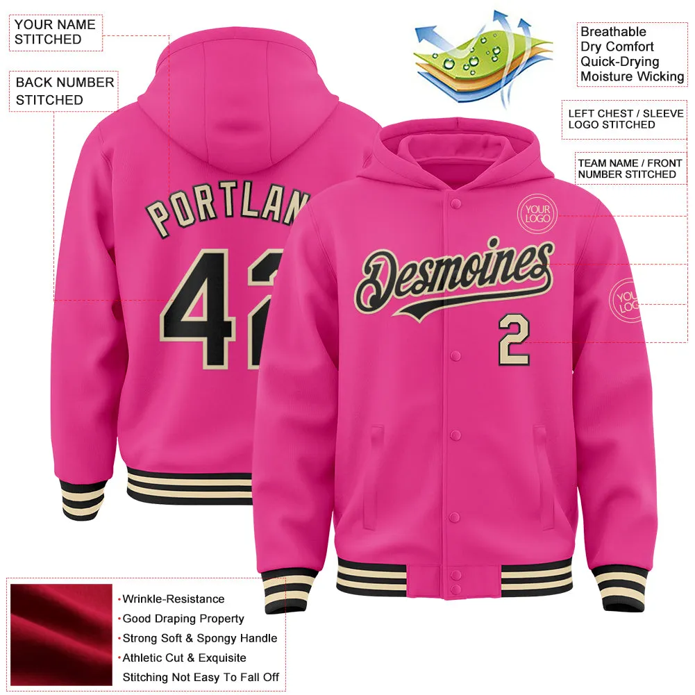 Custom Pink Black-Cream Bomber Full-Snap Varsity Letterman Hoodie Jacket