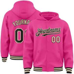 Custom Pink Black-Cream Bomber Full-Snap Varsity Letterman Hoodie Jacket