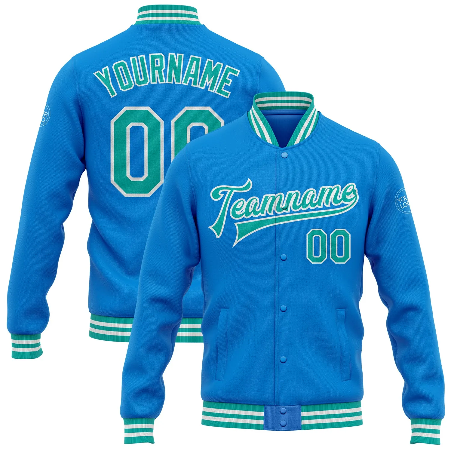 Custom Powder Blue Aqua-White Bomber Full-Snap Varsity Letterman Jacket