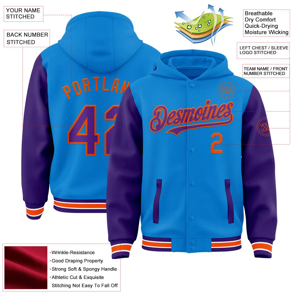 Custom Powder Blue Purple-Orange Bomber Full-Snap Varsity Letterman Two Tone Hoodie Jacket