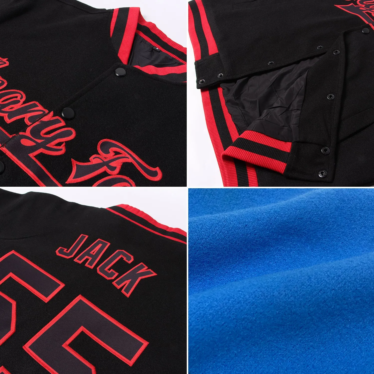 Custom Powder Blue Red-Black Bomber Full-Snap Varsity Letterman Jacket