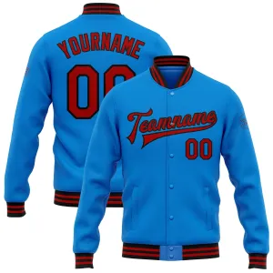 Custom Powder Blue Red-Black Bomber Full-Snap Varsity Letterman Jacket