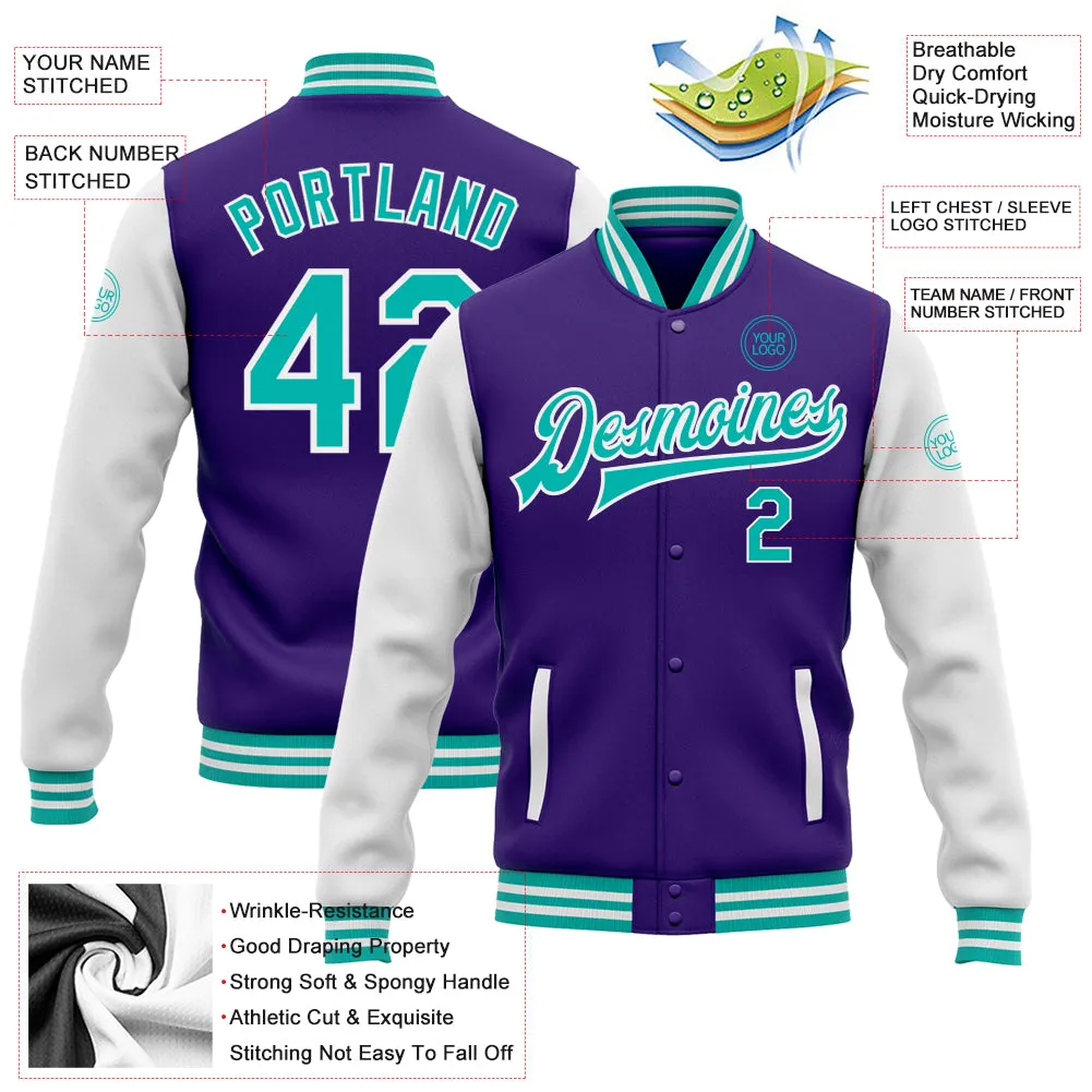 Custom Purple Aqua-White Bomber Full-Snap Varsity Letterman Two Tone Jacket