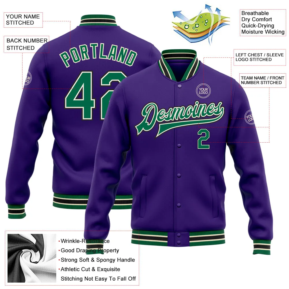 Custom Purple Kelly Green Cream-Black Bomber Full-Snap Varsity Letterman Jacket