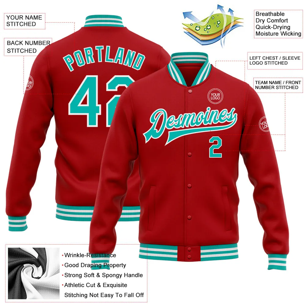 Custom Red Aqua-White Bomber Full-Snap Varsity Letterman Jacket