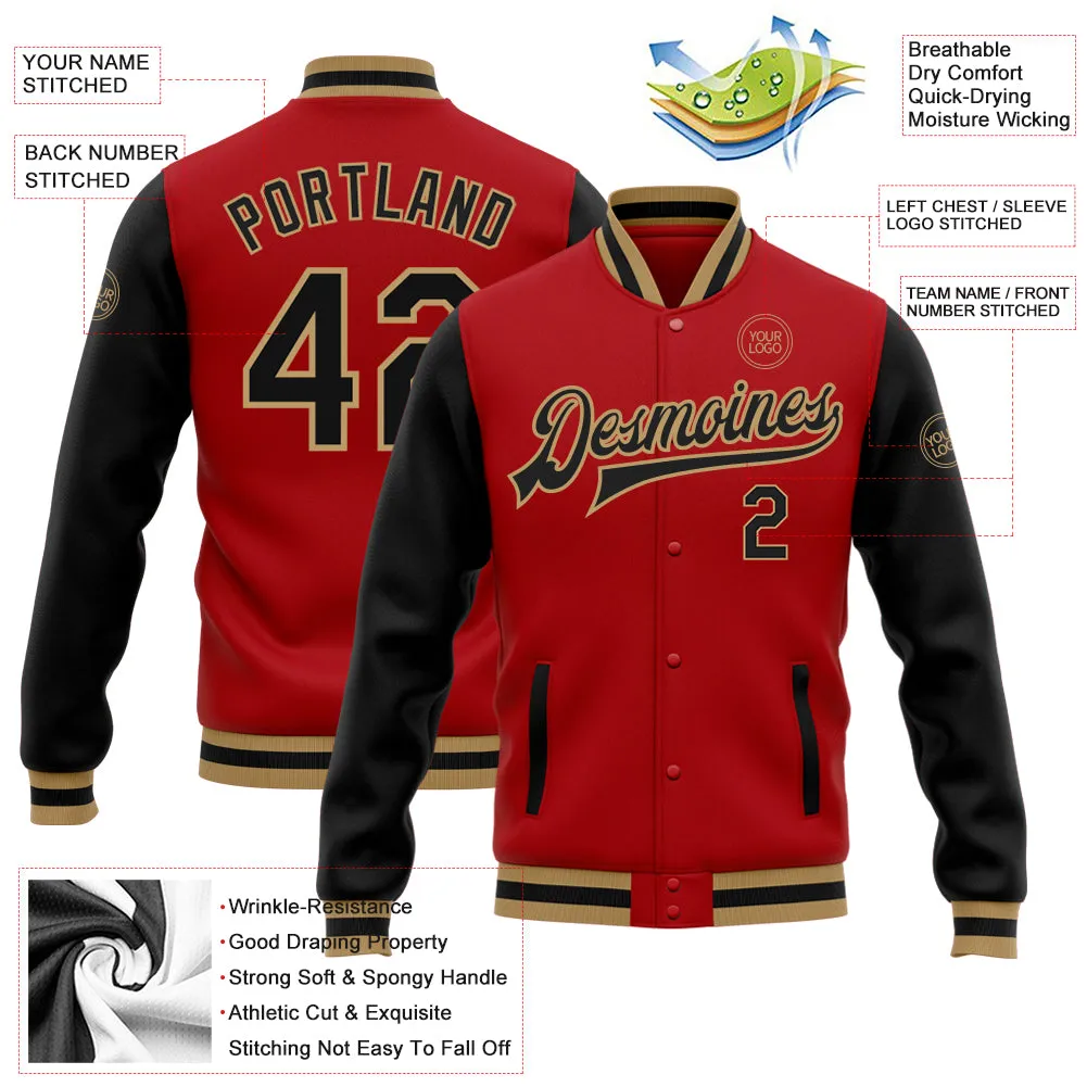 Custom Red Black-Old Gold Bomber Full-Snap Varsity Letterman Two Tone Jacket