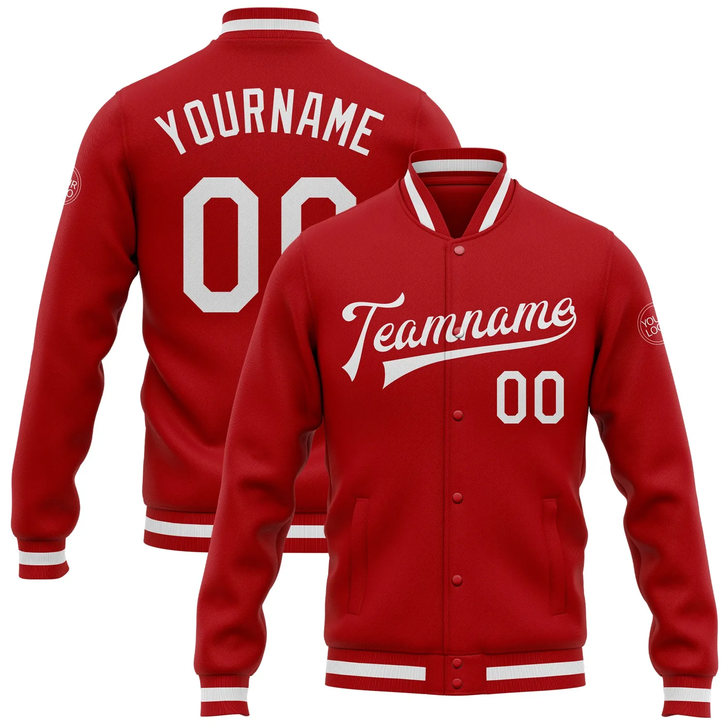 Custom Red White Bomber Full-Snap Varsity Letterman Jacket