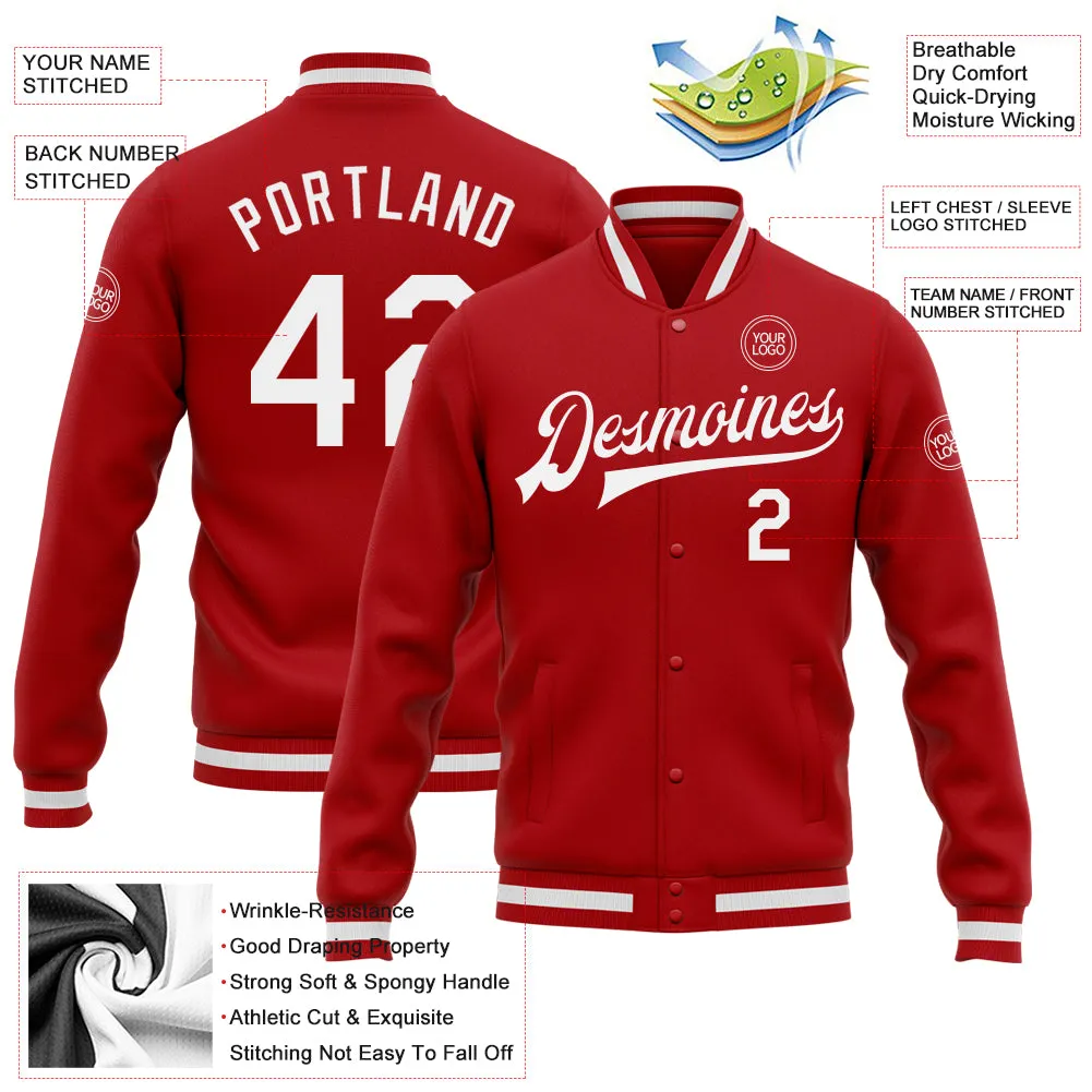 Custom Red White Bomber Full-Snap Varsity Letterman Jacket