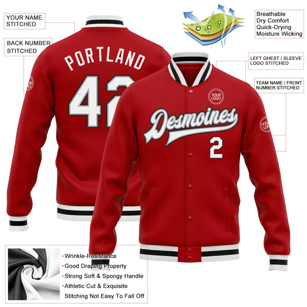 Custom Red White Gray-Black Bomber Full-Snap Varsity Letterman Jacket