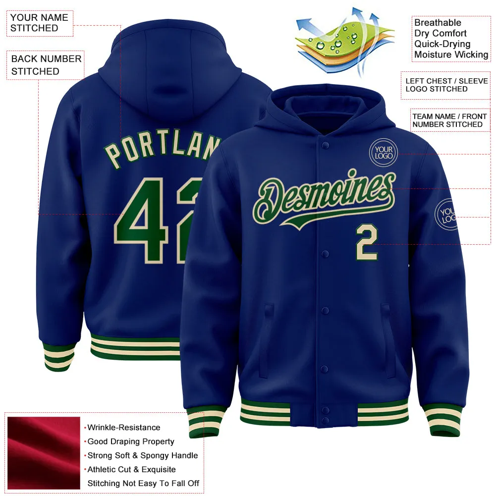 Custom Royal Green-Cream Bomber Full-Snap Varsity Letterman Hoodie Jacket