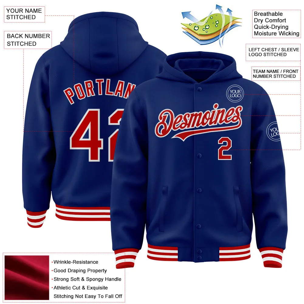 Custom Royal Red-White Bomber Full-Snap Varsity Letterman Hoodie Jacket