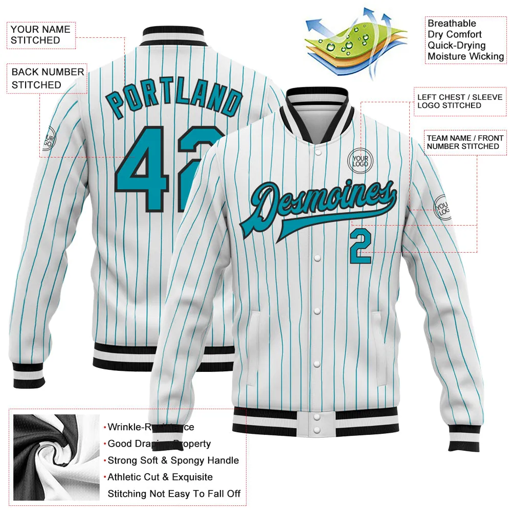 Custom White Teal Pinstripe Teal-Black Bomber Full-Snap Varsity Letterman Jacket